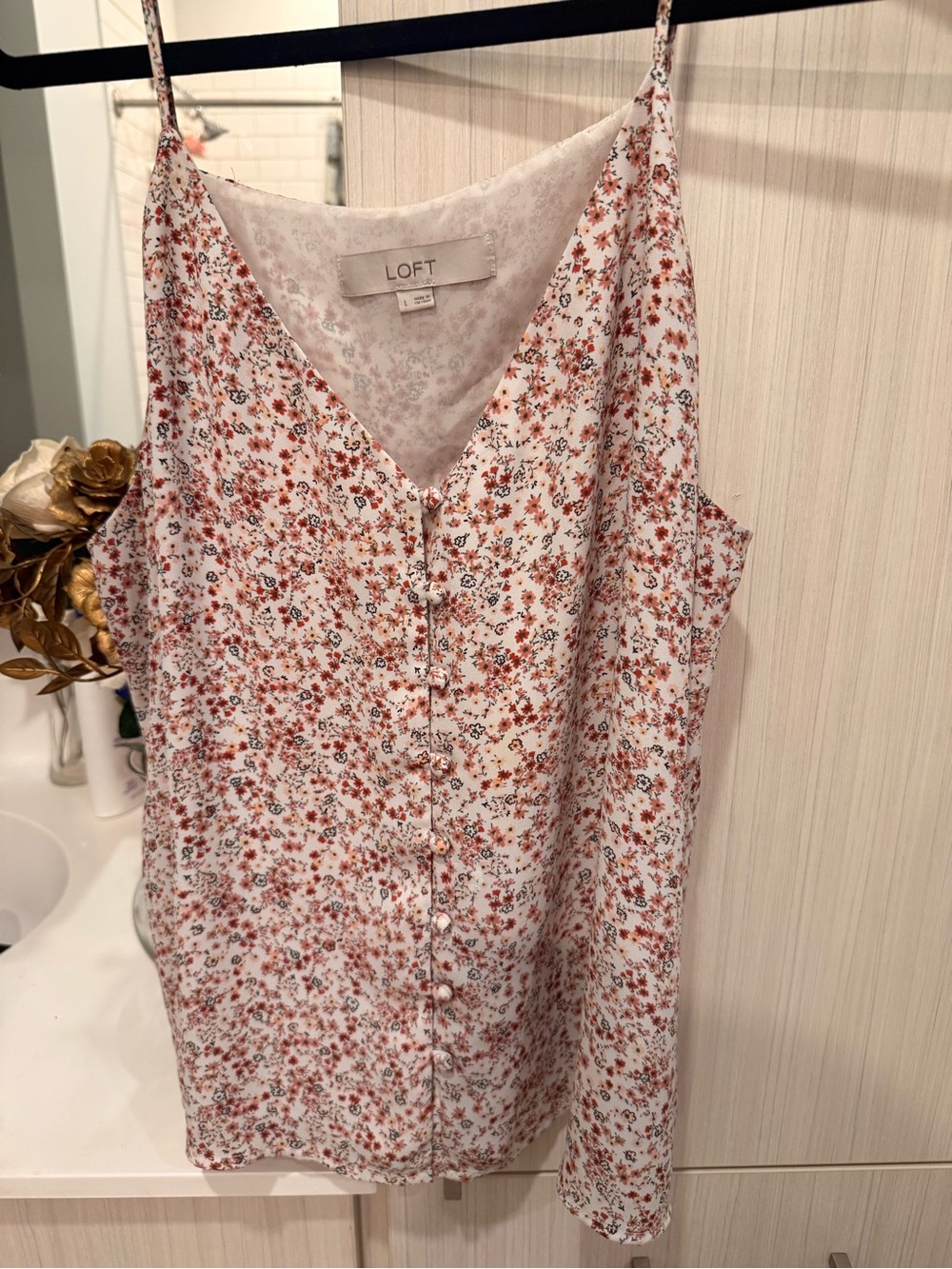 LOFT White Cami with Rust and Black Floral Print